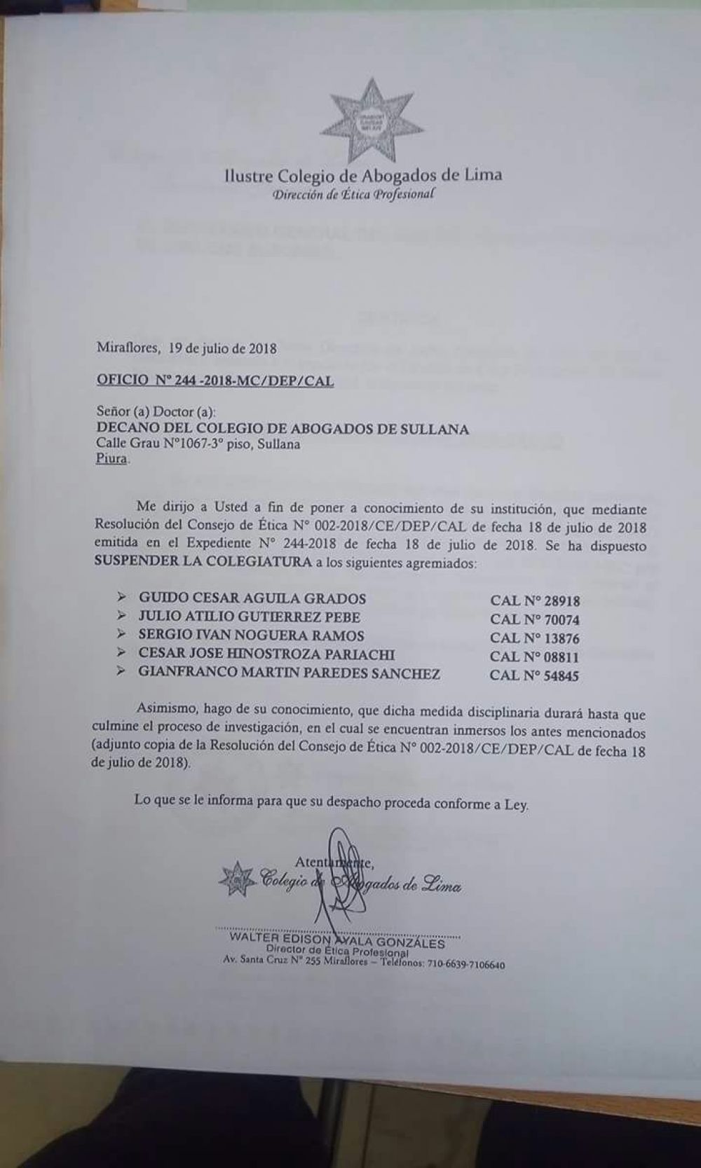 Documento enviado al decano del Colegio de Abogados de Sullana. (Documento: Difusión)