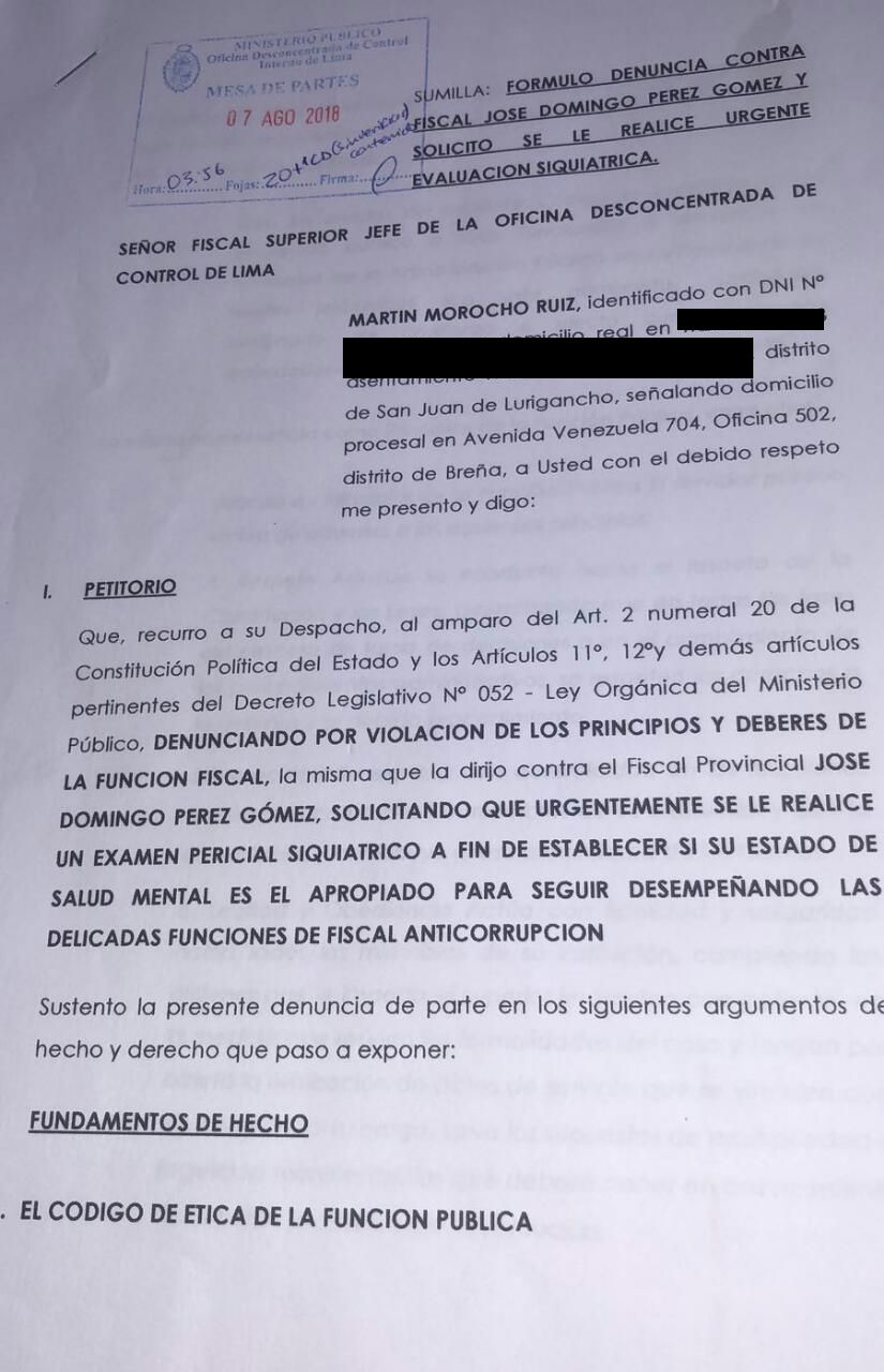 Denuncia presentada por un militante aprista contra José Domingo Pérez ante la Odecma.