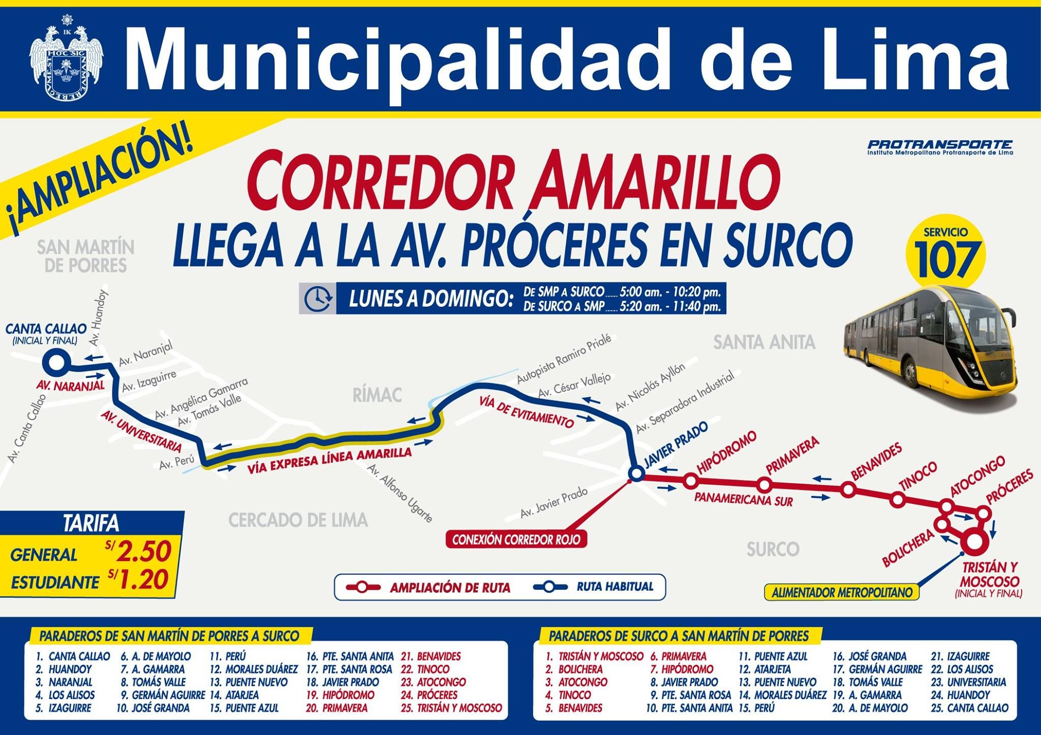 Los buses del Corredor Amarillo llegan hasta la avenida Próceres, en Surco. (Facebook)