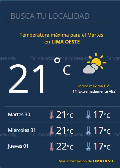 El pronóstico del tiempo para hoy martes 30 de octubre en Lima. (Foto: Senamhi)<br />
<br />
” title=“El pronóstico del tiempo para hoy martes 30 de octubre en Lima. (Foto: Senamhi)<br />
<br />
”></div></p><p><figcaption class=