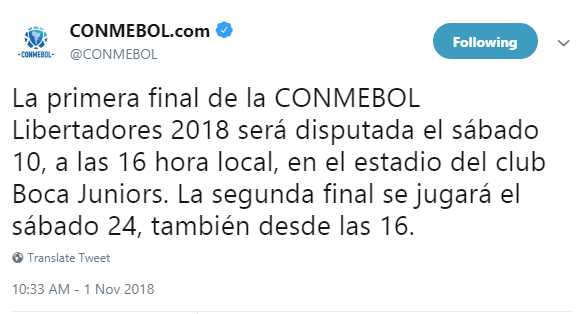 El mensaje oficial de Conmebol en Twitter.