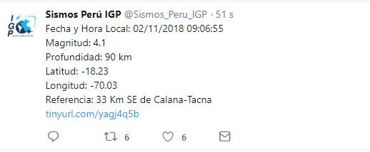 Sismo en Tacna. (Foto: Twitter <code>sismos_peru_igp
