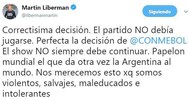 La reacción de Martín Liberman a la postergación de la final de la Copa Libertadores. (Captura: Twitter)