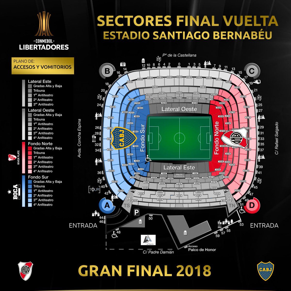 River Plate vs. Boca Juniors: así será la distribución de los hinchas en el Santiago Bernabéu. (Foto: Conmebol)