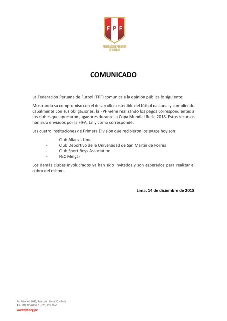 El comunicado de la FPF sobre los pagos a los clubes. (Foto: FPF)
