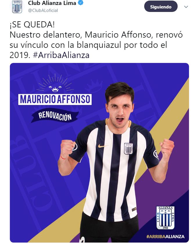 Mauricio Affonso renovó contrato con Alianza Lima por un año más. (Foto: Alianza Lima)