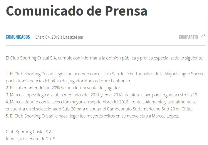 El comunicado de Sporting Cristal sobre Marcos López.