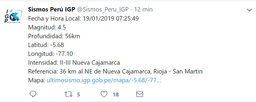 Sismo en Cajamarca. (Foto: Twitter @Sismos_Peru_IGP) 