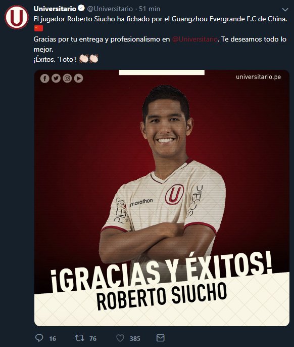 La despedida de Universitario a Roberto Siucho. (Foto: captura de Twitter)