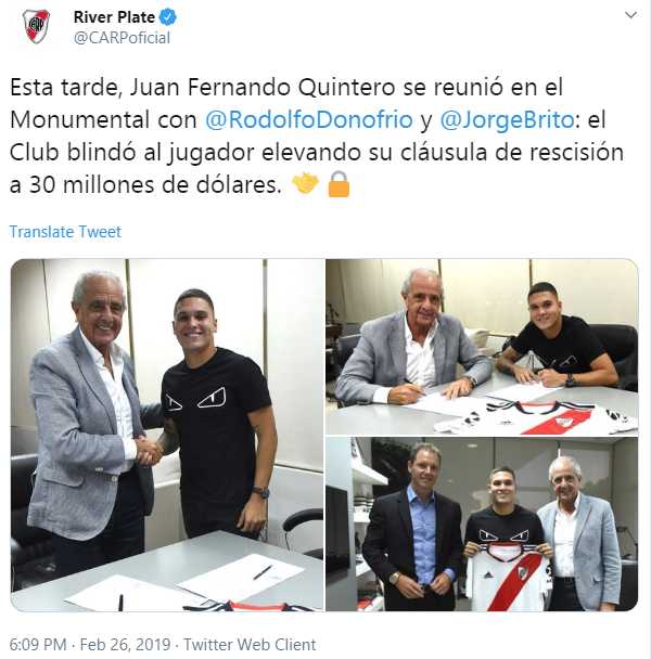 Así anunció River Plate el acuerdo con Juan Fernando Quintero. (Twitter River Plate)
