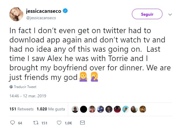 Este es el mensaje de Jessica Canseco negando una relación con el prometido de Jennifer Lopez. (Foto: Twitter)