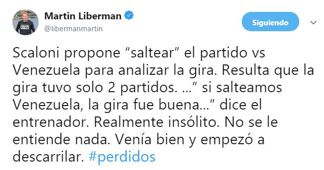 La crítica de Liberman a Scaloni vía Twitter.