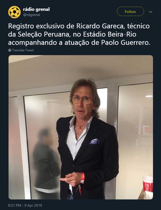 Ricardo Gareca vio a Paolo Guerrero en vivo desde el palco del Beira Rio