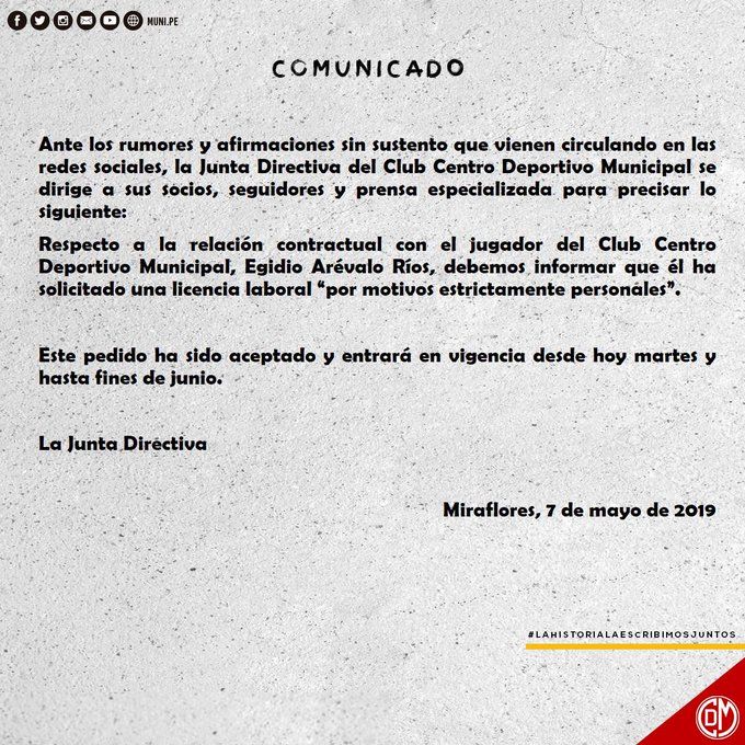 El comunicado de Deportivo Municipal sobre Egidio Arévalo Ríos.