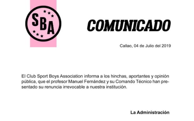 Comunicado de Sport Boys sobre la renuncia de Manuel Fernández.