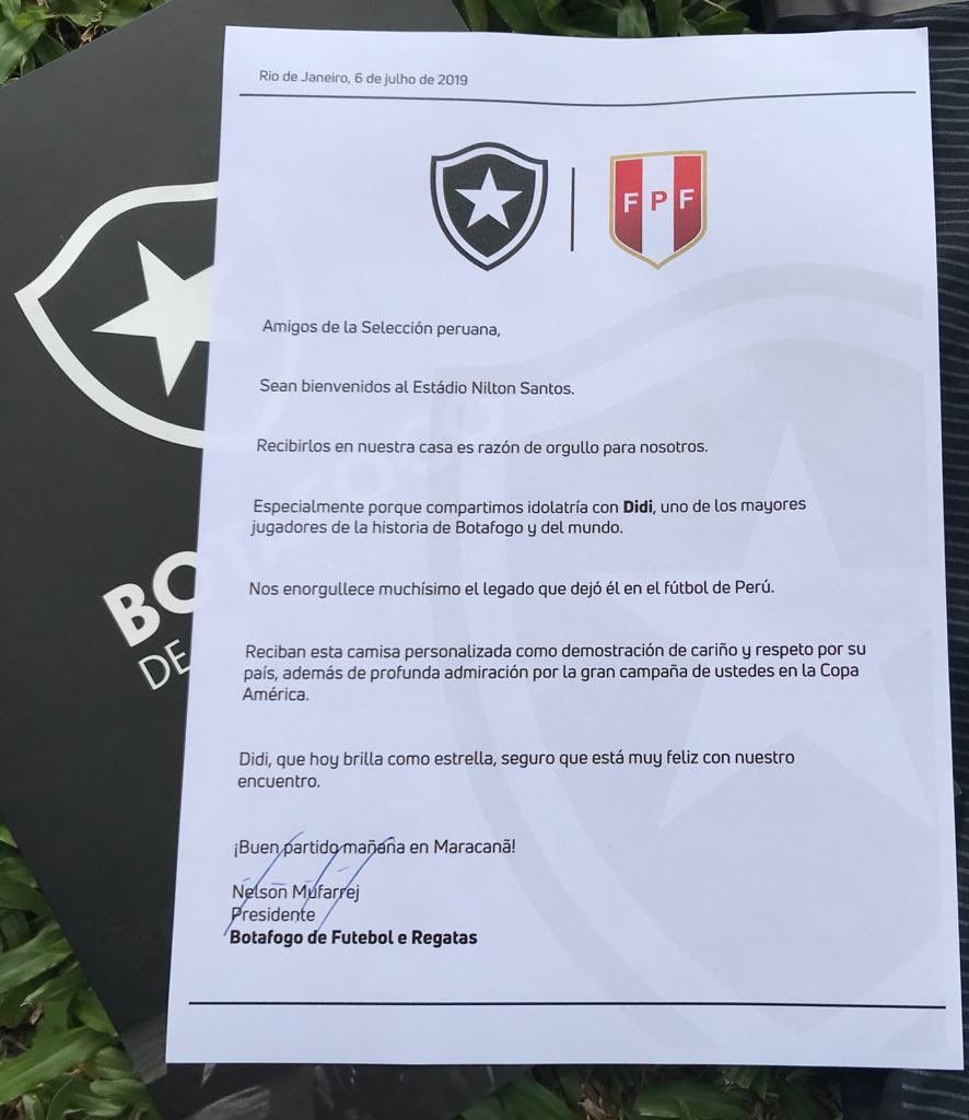 La carta de Botafogo a la selección peruana.