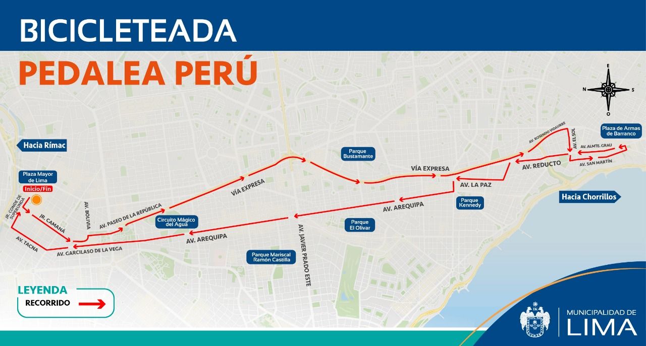 Esta es la ruta por la que se desplazarán los ciclistas durante la bicicleteada. (Municipalidad de Lima)