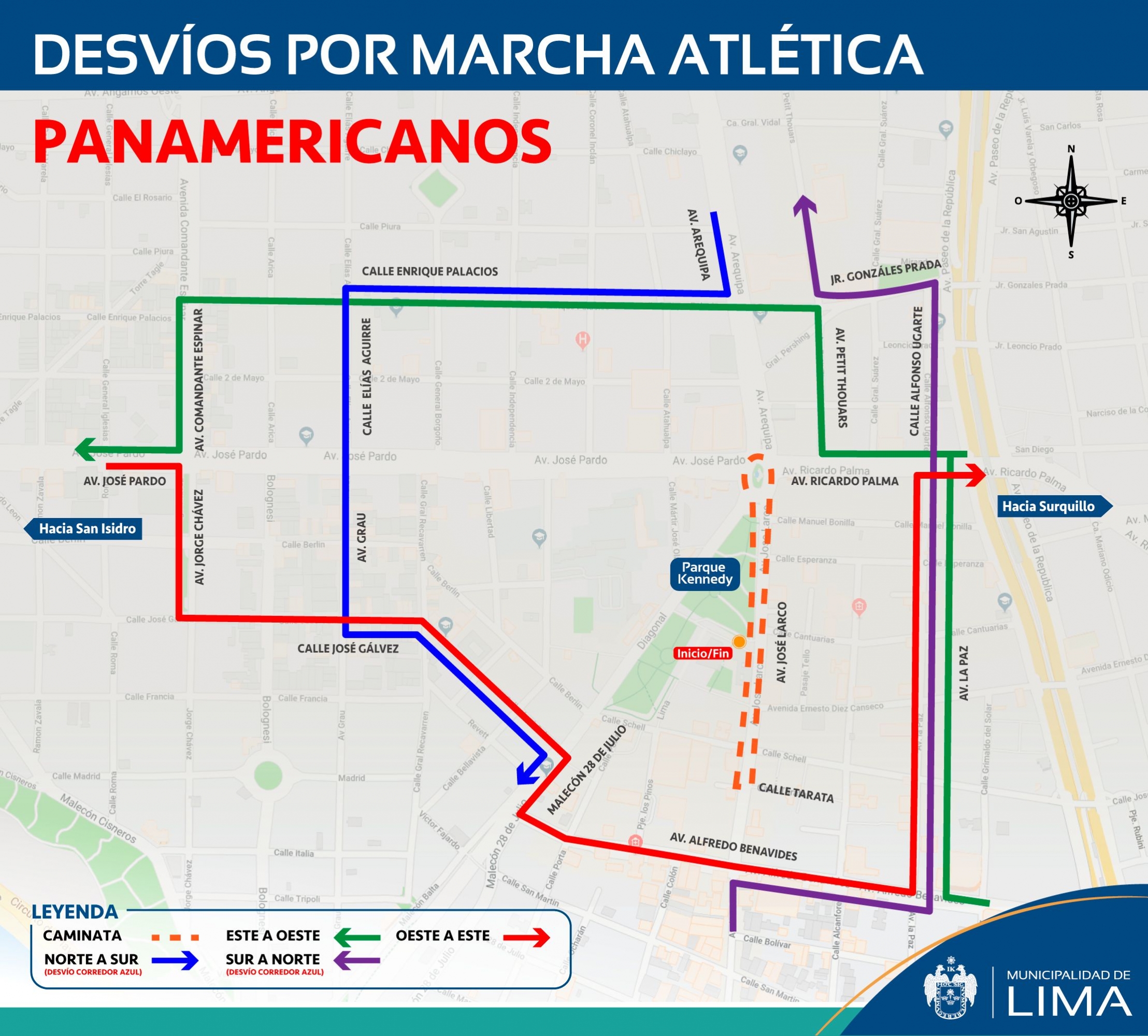 Este es el plan de desvíos vehicular que implementará la Municipalidad de Lima para facilitar la realización de marchas atléticas en Miraflores. (Difusión)