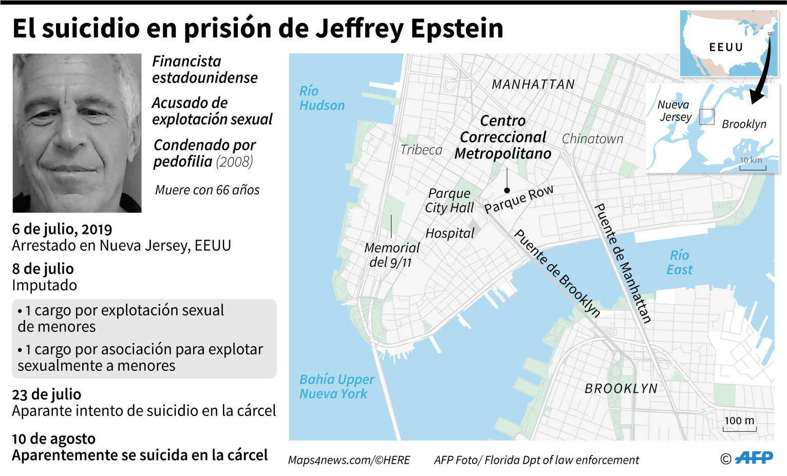 Mapa de Manhattan y perfil del millonario estadounidense Jeffrey Epstein, muerto en la cárcel por suicidio y acusado de explotación de menores (AFP)