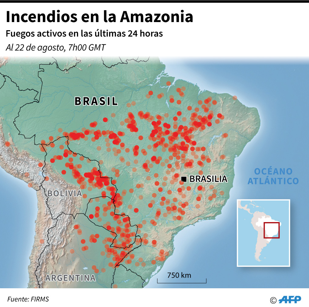 Mapa localizando los incendios en la Amazonia en las últimas 24 horas. (AFP)