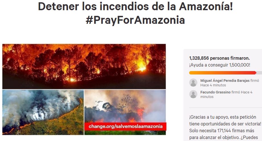 Esta petición en Change.org por los incendios en el Amazonas está cerca de llegar al millón y medio de firmas. (Foto: Captura)