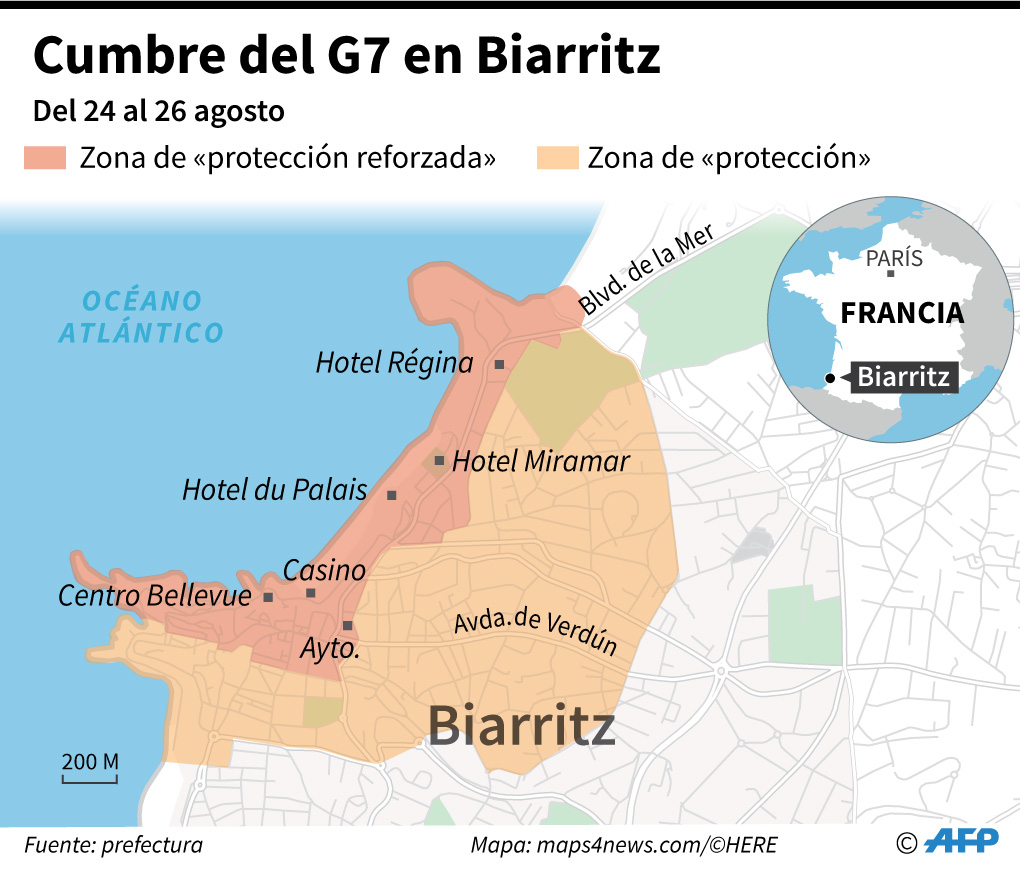 Mapa localizando las áreas que estarán protegidas durante la cumbre del G7 que se celebra en Biarritz. (AFP)