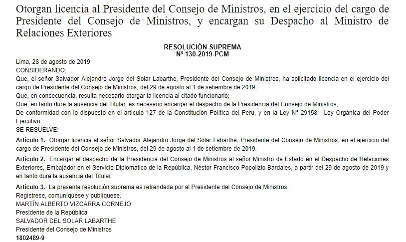 La resolución suprema lleva las firmas de Martín Vizcarra y Salvador del Solar.