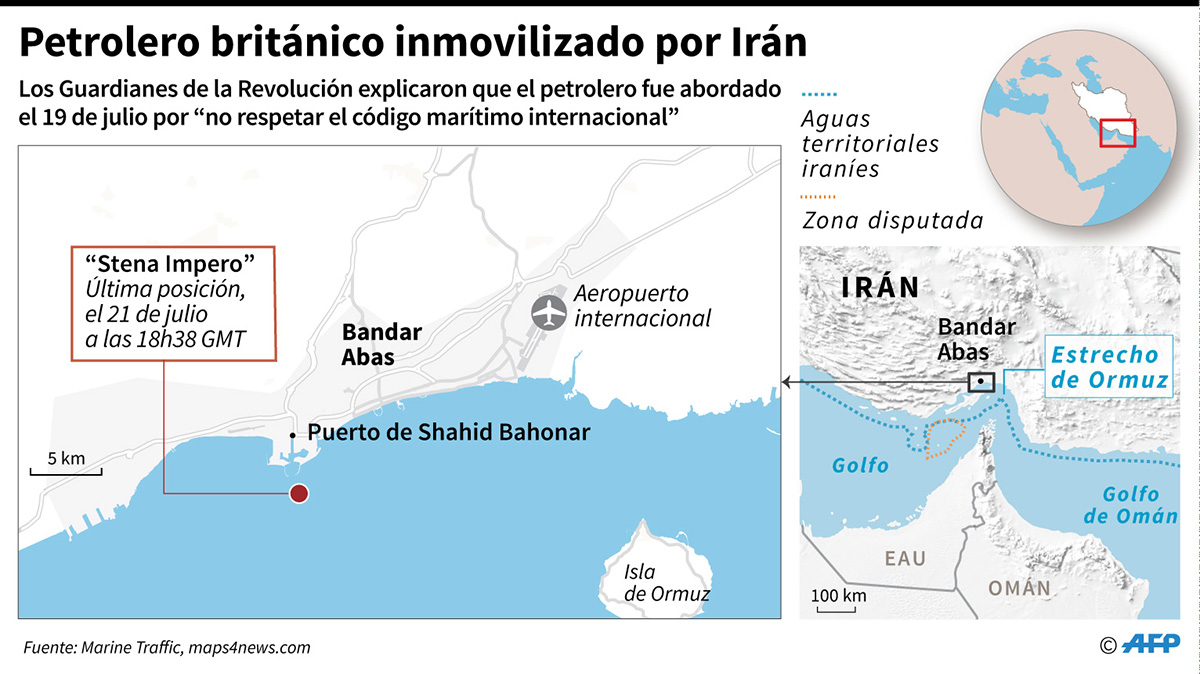 Mapa que muestra la última posición conocida del petrolero británico 'Stena Impero', inmovilizado por Irán el 19 de julio. (Infografía: AFP)