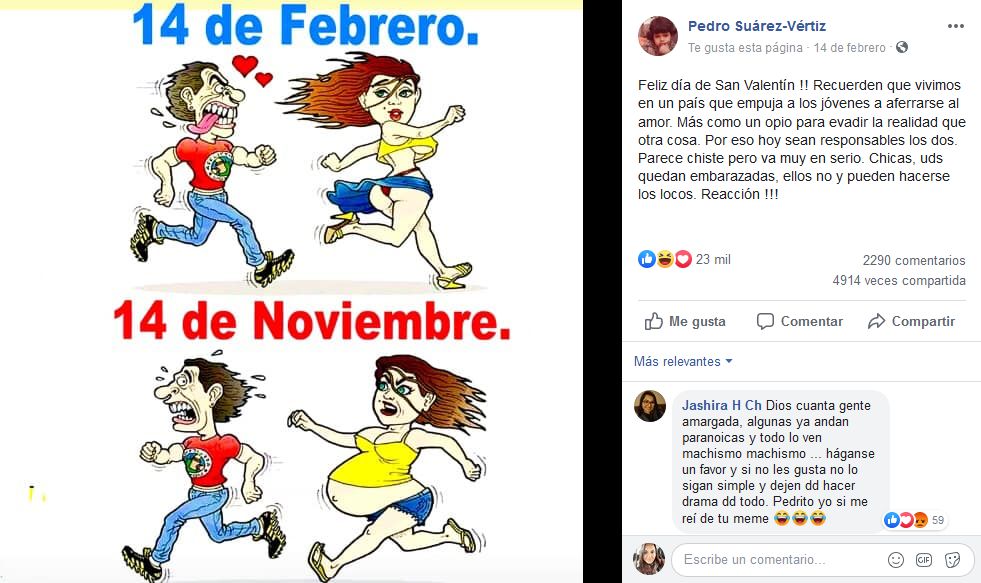 Pedro Suárez-Vértiz compartió en febrero pasado un ‘meme’ con contenido machista.(Foto: Captura de pantalla)