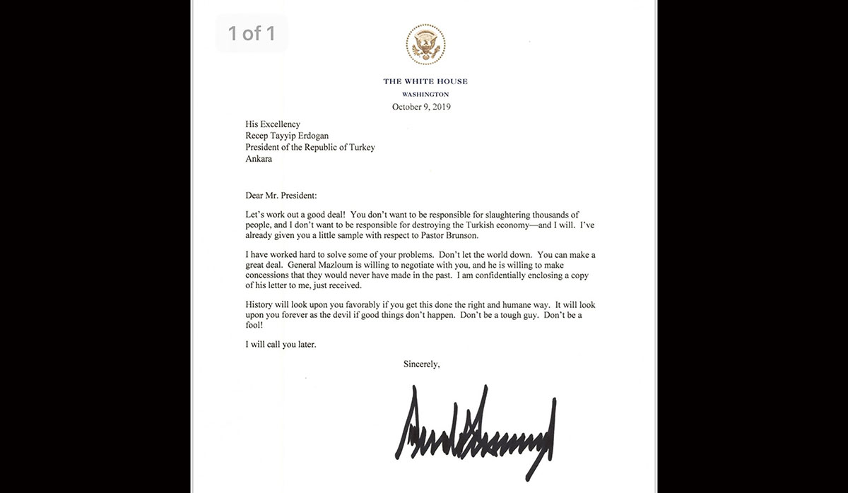 La carta enviada el 9 de octubre por el presidente estadounidense Donald Trump al presidente turco Recep Tayyip Erdogan advirtiendo sobre sanciones económicas después de la intervención turca en el norte de Siria. (Foto: AFP)
