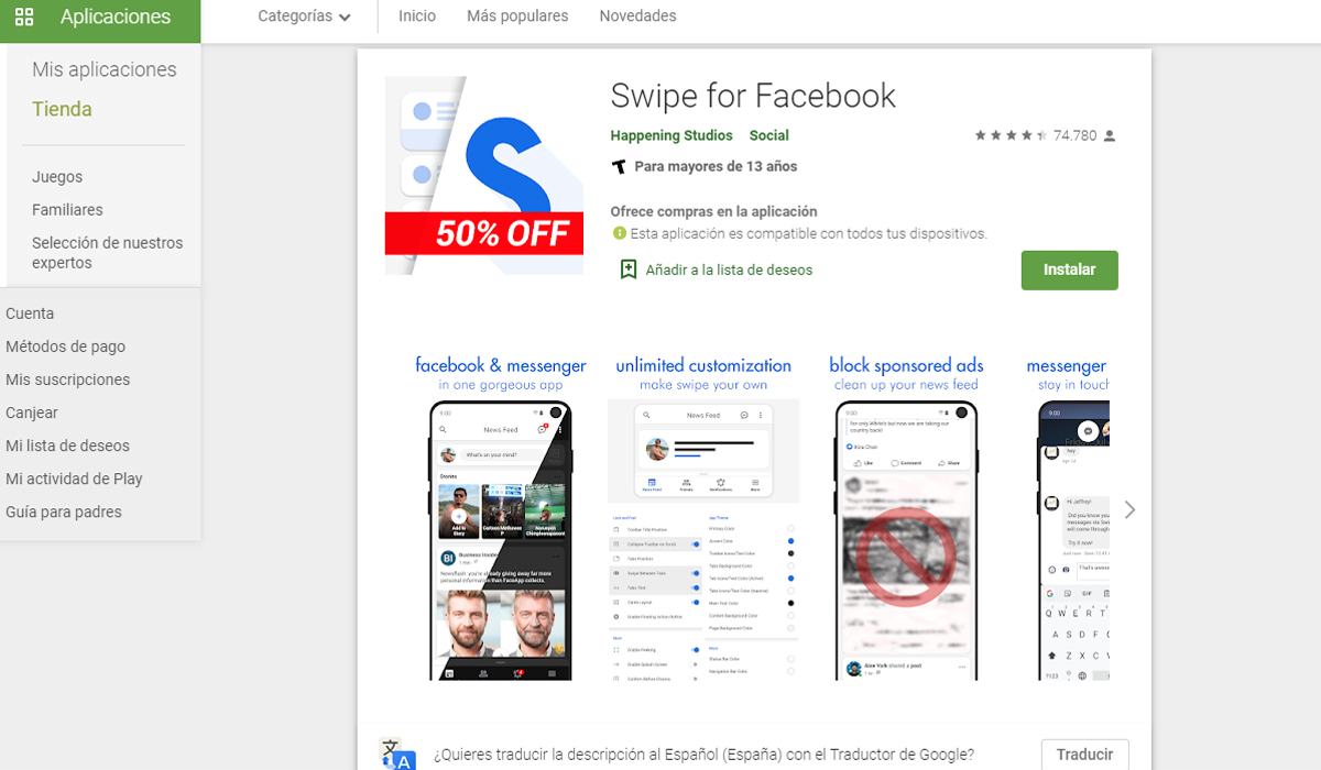 Esta es la aplicación Swipe con la que podrás ocultar todas las historias de Facebook. (Foto: Google Play)